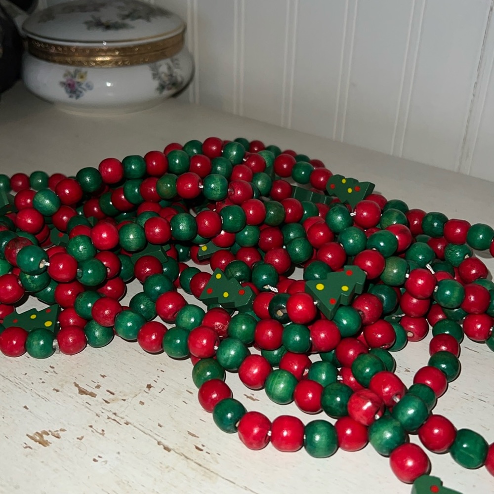 Vintage wooden beaded Christmas tree garlands red green
